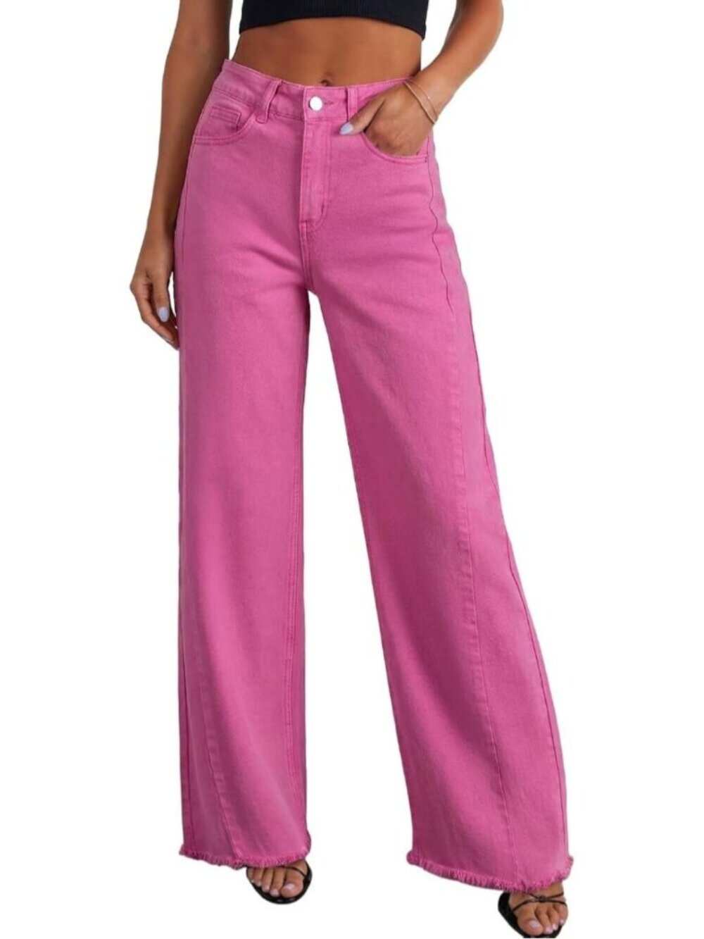 Women's Hot Pink Leg Jeans High Waisted Stretchy Length Side Seam Denim Pants